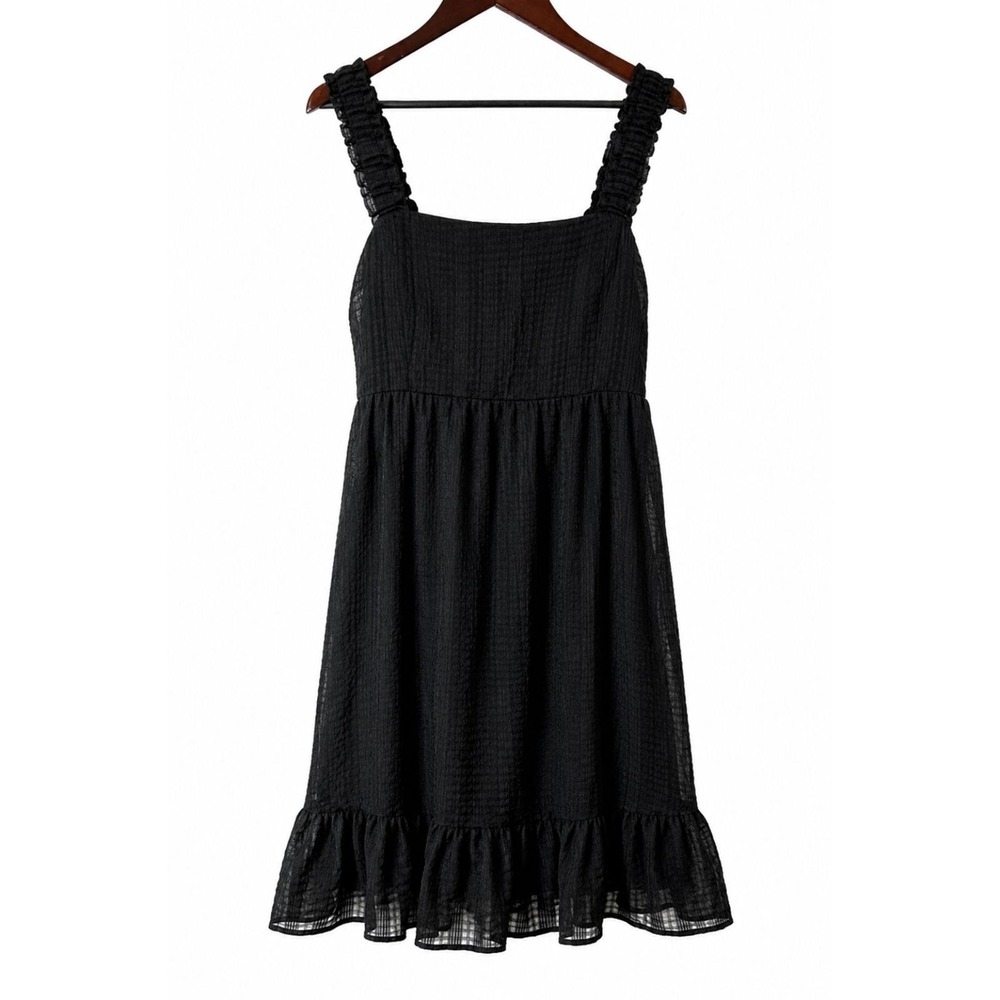 52seven Womens Size 12 Black Tiered Sleeveless Dress Sheer lined Midi Smocked H3